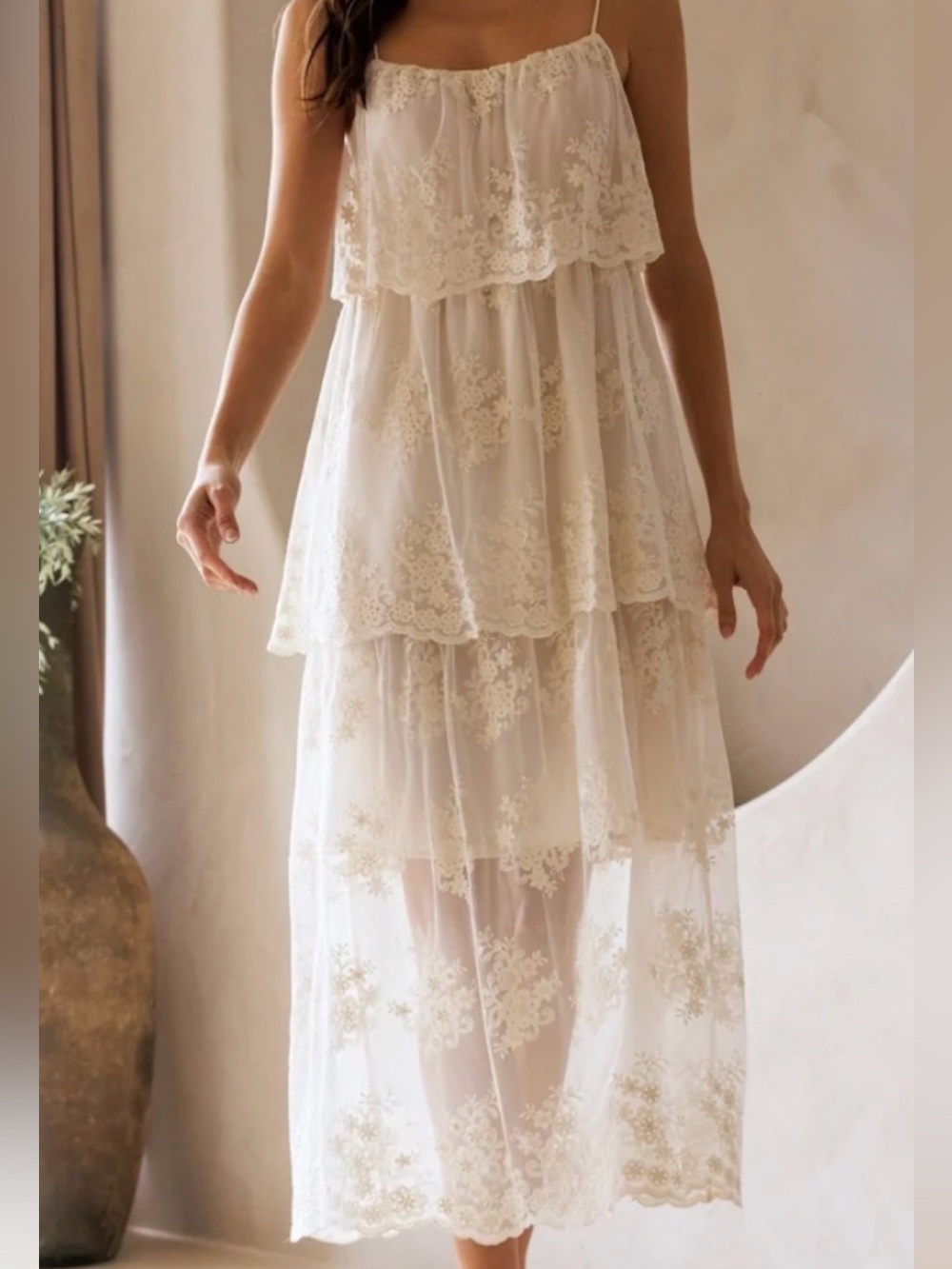 Storia Cream Lace Tiered Sheer Slip Dress